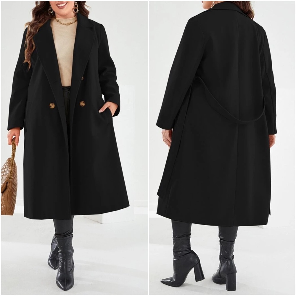 Plus Double Breasted Button up Belted Jacket Coat - Picture 3 of 9